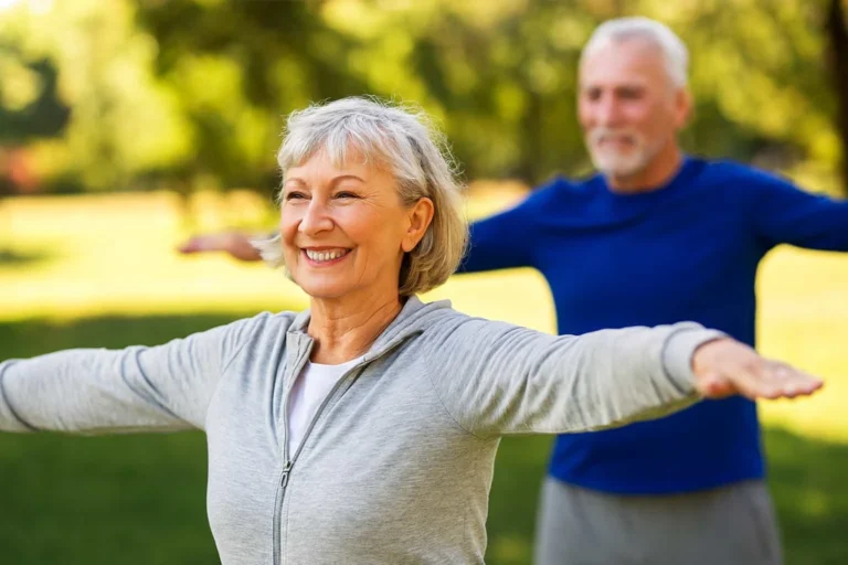 importância da atividade física na terceira idade. Casal sénior a praticar exercício físico ao ar livre, promovendo saúde e bem-estar na terceira idade.