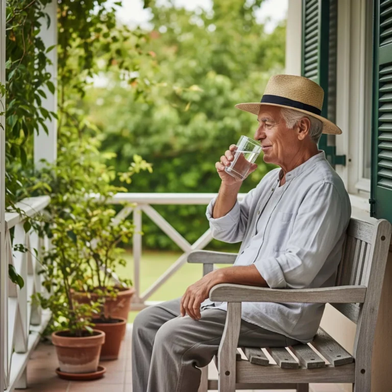 Riscos do Calor Intenso Idosos. Idoso sentado à sombra num banco de madeira, a beber água, ilustrando cuidados essenciais contra o calor intenso na terceira idade.