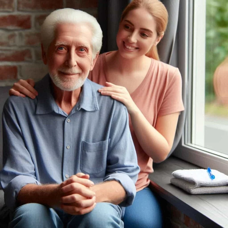 cuidados formais ao idoso. Idoso acompanhado por cuidadora profissional, representando cuidados formais ao idoso com dignidade e segurança.