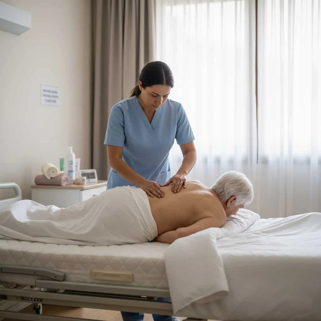 Enfermeira com logo "Lar Sítio da Luz" fazendo massagem nas costas de idosa acamada, prevenindo úlceras de pressão.