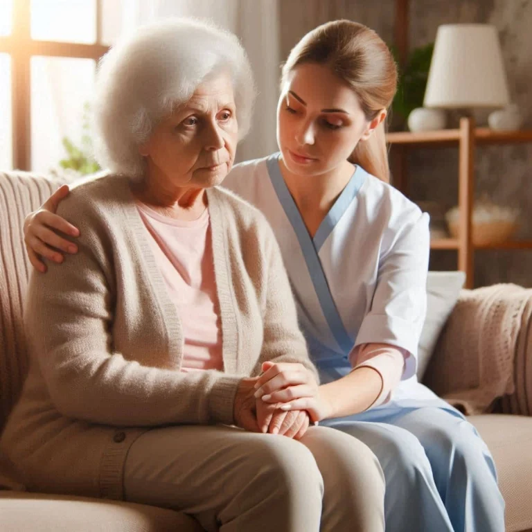 incontinência em idosos. Uma cuidadora jovem e empática a confortar uma idosa preocupada no sofá de um lar