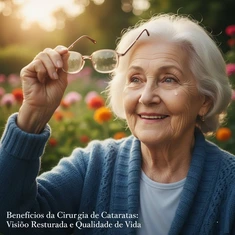 Benefícios da Cirurgia de Cataratas. Idosa sorridente e emocionada a olhar o jardim, segurando os óculos, após recuperar a visão com a cirurgia de cataratas.