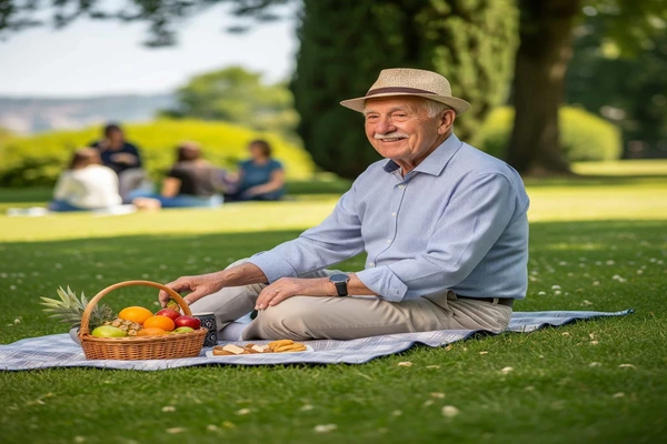 atividades ao ar livre para idosos. Senhor idoso sorridente sentado num piquenique ao ar livre, rodeado de natureza e alimentos saudáveis.