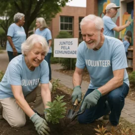 Casal de idosos voluntários a plantar num jardim comunitário, promovendo envolvimento social e propósito na terceira idade.
