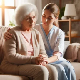Idosa com expressão preocupada recebe apoio emocional, ilustrando os cuidados com a incontinência em idosos e a importância da dignidade.