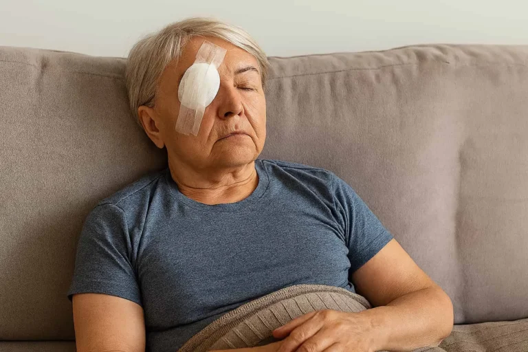 recuperação cirurgia de cataratas. Senhora idosa descansando em casa com curativo ocular após cirurgia de catarata, transmitindo conforto e cuidados pós-operatórios.