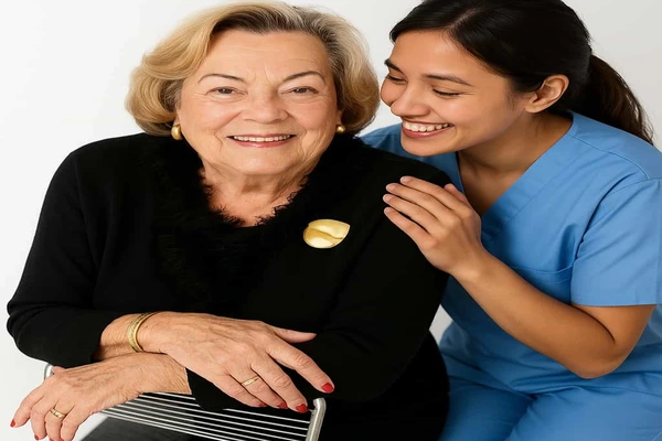 Cuidadora apoia idoso com gesto afetuoso, ilustrando a culpa do cuidador e a importância do apoio emocional.