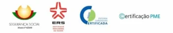 Logótipos das certificações oficiais do Lar Sítio da Luz: Segurança Social, Entidade Reguladora da Saúde, DGERT e Certificação PME.