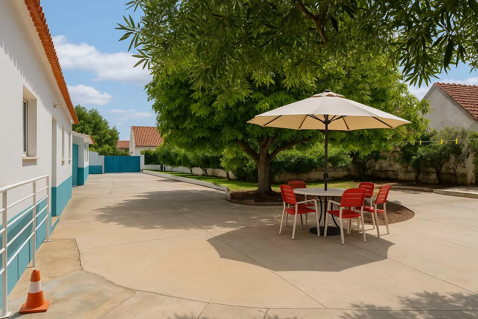 Área de convívio ao ar livre com sombra natural