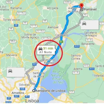 Mapa com rota pela A1 entre Aeroporto de Lisboa e Pontével, mostrando a localização do Lar Sítio da Luz a 30 minutos da capital.