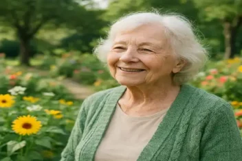 Benefícios da natureza na terceira idade no Lar Sítio da Luz, Idoso com cabelo branco e casaco verde num jardim com girassóis e vegetação, representando tranquilidade e bem-estar na residência sénior Sítio da Luz.