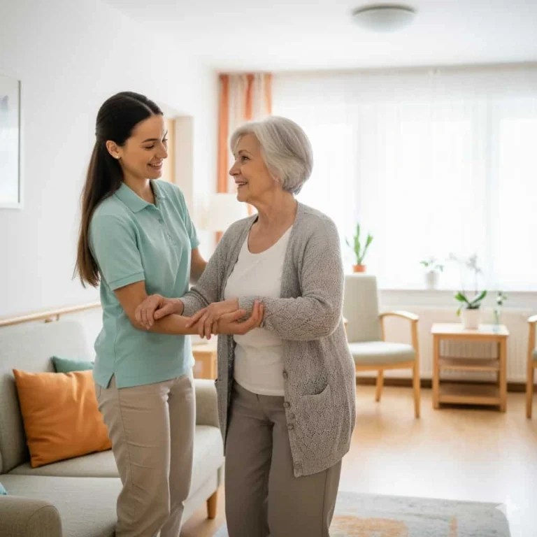 prevenção de quedas em idosos: Cuidadora a apoiar idosa