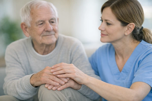 apoio ao luto e gestão da perda , Cuidadora segura a mão de idoso com empatia e serenidade