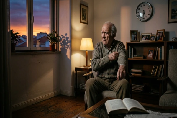 Idoso com Síndrome do Pôr do Sol sendo amparado por cuidadora em ambiente seguro